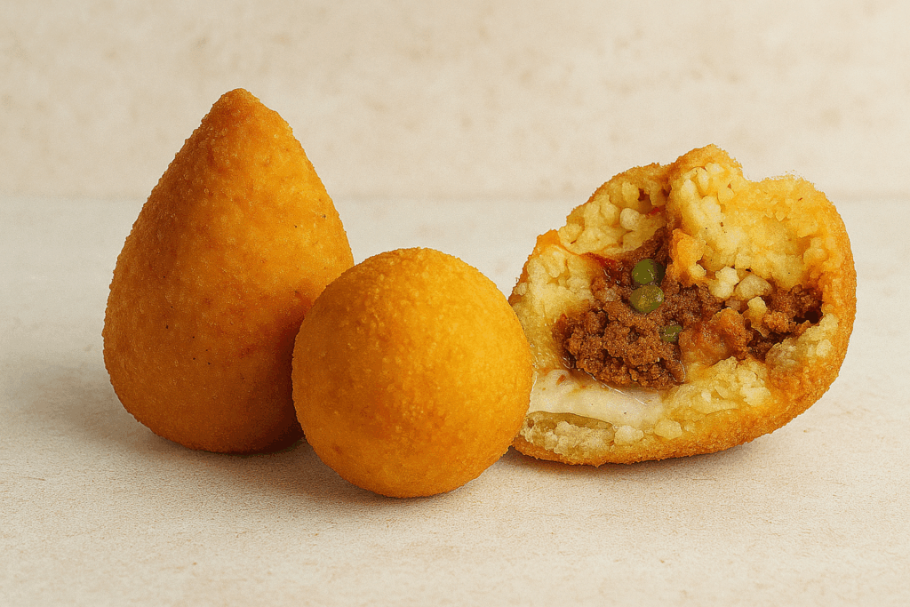 Trois arancini, des boules de riz frites typiques de la cuisine sicilienne, avec un arancino coupé montrant sa garniture savoureuse.